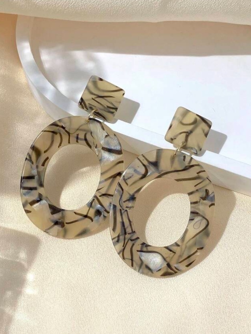 Beige Marbled Open Hoop Drop Earrings
